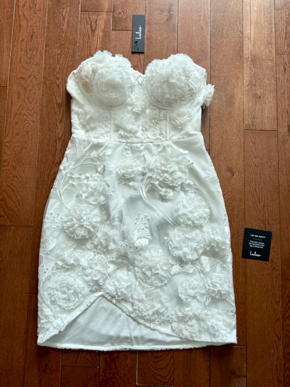 Lulu’s 3D floral appliqué strapless white mini dress - engagement bridal wedding